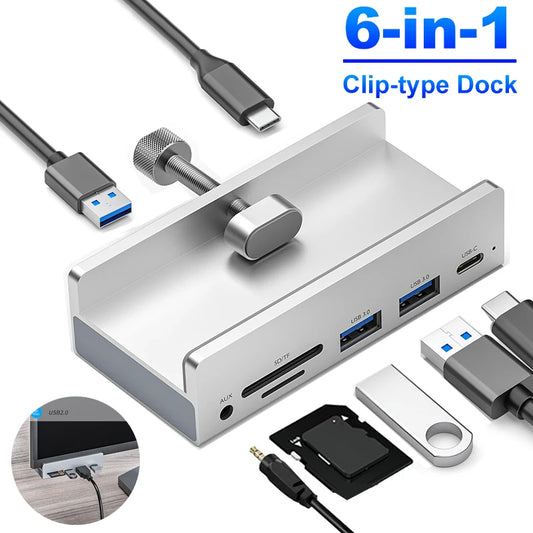 6-in-1 USB 3.0 Hub with Power Supply – High-Speed Clip-On Splitter for Laptops